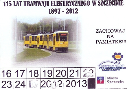 bilet pamiątkowy wydany z okazji 115 lecia tramwaju elektrycznego