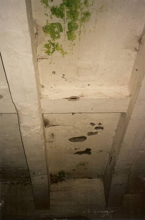 foto:archiwum  zditm 1995, Spód płyty pomostu w pierwszym przęśle pomiędzy belkami głównymi 12 i 13. Widoczny brak otuliny zbrojenia, liczne ubytki betonu w płycie i poprzecznicy oraz zacieki.